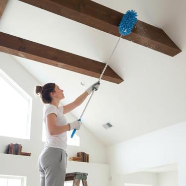 Imagem de Espanador de penas extensível removedor de poeira telescópico para móveis de carro de escritório doméstico ferramenta multiuso de limpeza de teto alto (azul, cabeça longa)