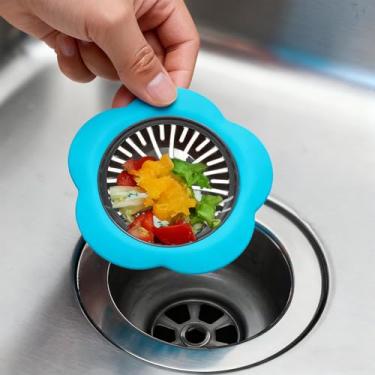 Imagem de Cesto de filtro de ralo de pia de silicone atualizado e tampa ampla - fácil de limpar, prevenção de entupimento para a maioria das pias de cozinha e banheiro (azul