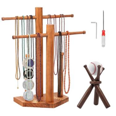 Imagem de Suporte de anel de beisebol, 2 camadas, suporte organizador de colar de gotejamento de beisebol ou softball, com suporte de beisebol, suporte de exibição de anel de campeonato, organizador de joias de