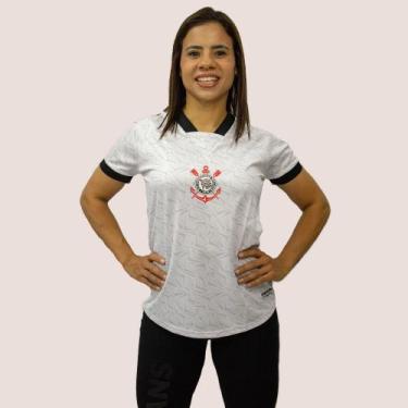 Imagem de Camiseta Feminina Corinthians Oficial Gola V, Branco