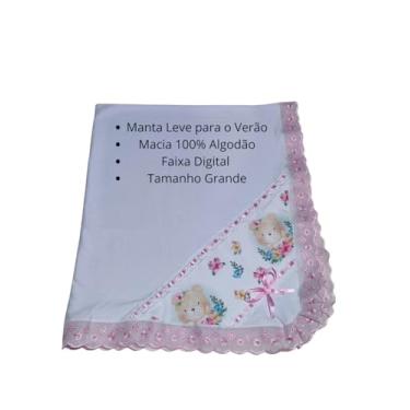 Imagem de Manta Cueiro Digital para Bebê, Malha de Algodão com Bordado Inglês e Estampa Safari, Branco com Detalhes Dourados, 80x90cm, para Recém-Nascido e Maternidade (Rosa Bebê)