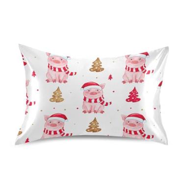 Imagem de Fronhas de cetim estampadas refrescantes arte fofa padrão king queen fronhas decoração travesseiro cama tamanho queen 76.2 cm x 50.8 cm vermelho fofo porcos Papai Noel branco