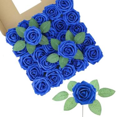 Imagem de DuHouse 50 peças de rosas artificiais flores falsas com hastes flores de espuma de toque real para buquê de casamento DIY peça central arranjo floral festa decoração de casa (azul royal)
