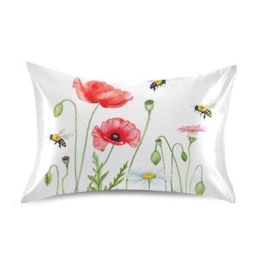 Imagem de Fronhas Engraçadas Aquarela Flor Abelha Vermelha Floral Cetim Refrigeração Padrão King Queen Capas Personalizadas Cama Saudável Presentes Queen Size 76.2 cm x 50.8 cm