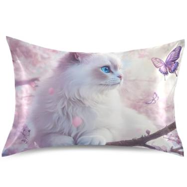 Imagem de Capa de almofada de cetim rosa e branco Ragdoll com flores de gato padrão King Queen Capas de almofadas refrescantes florais de animais para cama de casa, tamanho Queen, 76,2 cm x 50,8 cm