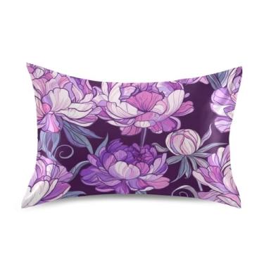 Imagem de Fronhas de cetim legais flores peônia roxa estética padrão queen king fronhas personalizadas resfriamento roupa de cama travesseiro tamanho padrão 66.0 cm x 50.8 cm