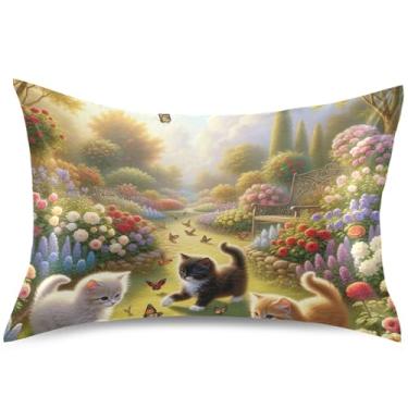 Imagem de Capa de almofada de cetim com estampa de gato gatinho fofo para decoração de cama King Queen, tamanho padrão, 66 cm x 50 cm