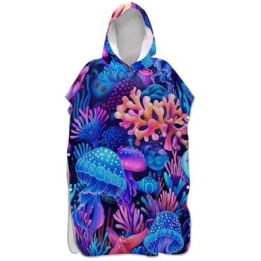 Imagem de Joisal Poncho de surfe trocador de roupão adultos praia banho com capuz toalhas vestíveis néon água-viva recife azul adulto ponchos para mulheres