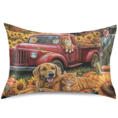 Imagem de Capa de almofada de cetim floral de abóbora de caminhão de outono capa de travesseiro padrão King Queen capa de travesseiro colorida refrescante confortável almofadas de cama macias, tamanho padrão