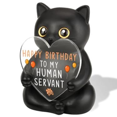 Imagem de Humorous “Happy Birthday to My Human Servant” Black Cat Themed Desktop Gift, Funny Feline Gifts for Cat Owner Cat Lady Gent Pet Lover Friend Family, Birthday Home Office Decor Figurines SHM07