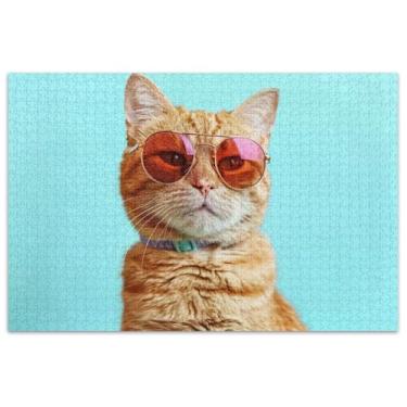 Imagem de Quebra-cabeça gato em óculos de sol azul 1000 peças para adultos arte de flores arte quebra-cabeça família elefante branco presentes