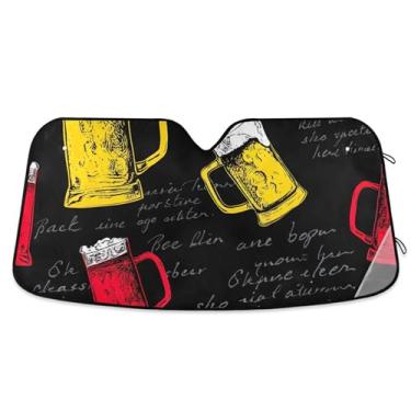 Imagem de Canecas Vermelhas Amarelas Cerveja Preto Para-brisa Carro Para-brisa Toldo Bonito Universal Retrátil Carros para Janelas Frontais Automotivo Floral M, 139,7 cm x 70,1 cm