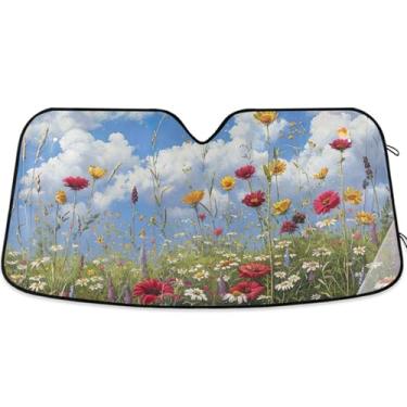 Imagem de Guarda-sol personalizado flores primavera jardim para para-brisa de carro universal dobrável caminhão carro persianas para janelas dianteiras automotivo M, 139.7 cm x 70.1 cm