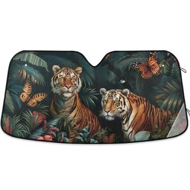 Imagem de Guarda-sol personalizado tropical animais tigres carro para para-brisa capa de para-brisa automotivo dobrável protetor solar floral M, 139,7 cm x 70,1 cm
