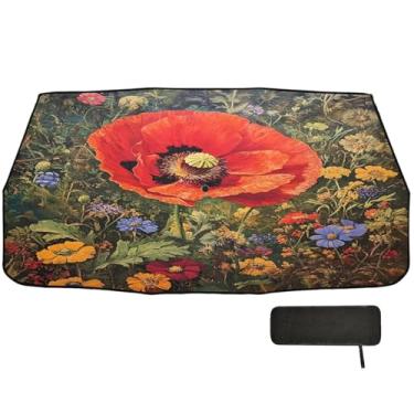 Imagem de Guarda-sol de flor de papoula vermelha para para-brisa de carro, bloco UV, protetor solar retrátil de carro 147 x 75 cm, proteção solar interior automotivo