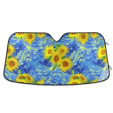 Imagem de Girassóis personalizados céu noturno estrelado azul para-sol carro para para-brisa dobrável universal animal capa de para-brisa automotivo protetor solar S, 134.6 cm x 59.7 cm