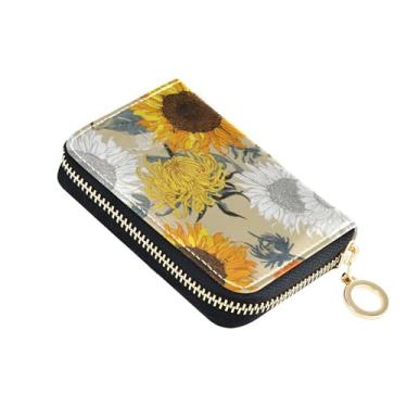 Imagem de Carteira feminina amarela de girassol outono couro bloqueio RFID bonito zíper ao redor bolsa de moedas com chaveiro