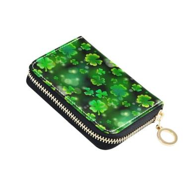 Imagem de Carteira feminina pequena com bloqueio de RFID, carteira de couro com zíper e chaveiro, trevos de folhas verdes vibrantes