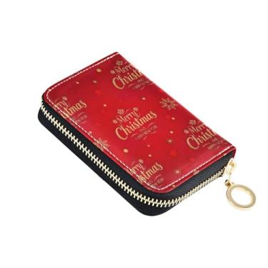 Imagem de Carteira feminina para cartões de crédito com bloqueio de RFID pequena bolsa de moedas de couro com zíper dourado festival de Natal vermelho