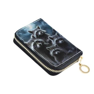 Imagem de Carteira feminina com zíper e porta-cartões, bloqueio de RFID, carteira de couro com zíper e bolsa de moedas, guaxinins, animal luar
