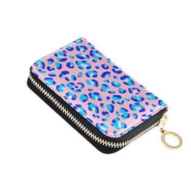 Imagem de Carteira feminina com zíper para cartão de crédito com bloqueio de RFID, bolsa de moedas de couro com zíper, azul, manchas de leopardo rosa