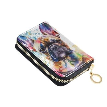 Imagem de Carteira feminina de buldogue francês em aquarela com zíper e bloqueio de RFID, porta-cartões de crédito, carteira masculina de couro com bolso para moedas