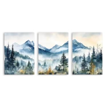 Imagem de 3 peças de arte de parede floresta nebulosa impressão aquarela montanha decoração de parede paisagem natureza árvore abstrata pintura moderna para sala de estar (SKU1-3PCS, 50.8x76.2 cm = (50x75 cm