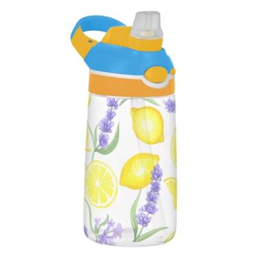 Imagem de Garrafa de água infantil Tritan de 473 ml com tampa de palha, garrafa de água esportiva portátil para escola, à prova de vazamento, copo infantil de 473 ml, alça de transporte, roxo lavanda amarelo