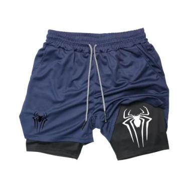 Imagem de Shorts Esportivos Masculinos Com Estampa De Aranha, Compressão 2 Em 1,