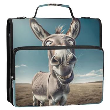 Imagem de Engraçado organizador de fichário de burro com zíper e olhos cruzados, 3 anéis, anel D de 3,8 cm, bolsa de fichário para ensino médio com alça, vários bolsos, pasta grande para portfólio