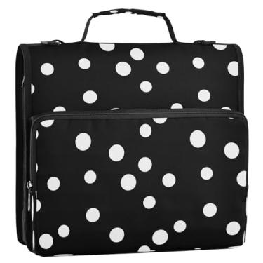 Imagem de Bolsa organizadora de fichário de bolinhas brancas pretas com zíper, 3 anéis, 3 anéis, pasta de portfólio com alça, armazenamento de documentos com vários bolsos para escola ou escritório