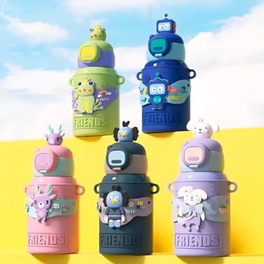 Imagem de Garrafa Térmica Infantil com Canudo, 450ml, Aço Inox, com Bolsa Protetora e Alça, 21.5x8.5cm, Conservação 6h Gelado/4h Quente (Azul)