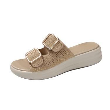 Imagem de Chinelo feminino primavera verão casual confortável com strass decorado boca de peixe bico aberto um pé sola grossa, ideal para uso versátil, Caqui, 38