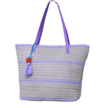 Imagem de Bolsa de Praia em Palha Trançada, Alça Dupla em Couro Sintético Marrom, Detalhe de Pompom, Bege (Lilás)