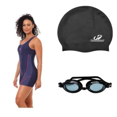 Imagem de Kit Natação Macaquinho Óculus Proteção UV e Touca Silicone Grande (Marinho/Pink - Óculos Preto, GG)