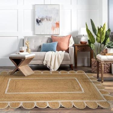 Imagem de GRUHUM Tapetes de área de juta recortados 1,8 x 2,7 m base natural retangular acabamento branco tecido à mão boho macio trançado rústico vintage ecológico tapete - fazenda interior sala de estar