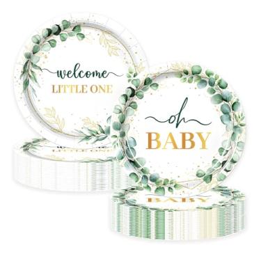 Imagem de LYFREE 50 peças de pratos de papel para chá de bebê, verde sálvia, suprimentos para festa de bebê, bem-vindo, pequeno, pratos de chá de bebê, 18 cm, conjunto de utensílios de mesa de sobremesa