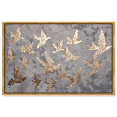 Imagem de Decoração de parede costeira com impressão em tela Golden Flock por Art Remedy, moldura dourada, 61 x 40 cm