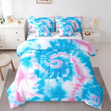 Imagem de Erosebridal Jogo de edredom tie dye King em espiral para meninas, 7 peças, boêmio, reversível, arco-íris, boêmio, cigano, geométrico, respirável, leve e azul