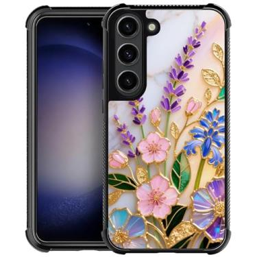 Imagem de CARLOCA Capa compatível com Samsung Galaxy S23 para meninas à prova de choque antiarranhões capa traseira de policarbonato rígido estética padrão de mármore branco vitral dourado lavanda flores
