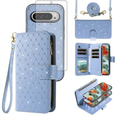 Imagem de Capa carteira compatível com Google Pixel 9 Pro XL com zíper celular protetor de tela de vidro temperado alça transversal com glitter flip porta-cartões capa para celular para Pixel9 9Pro 9ProXL nove