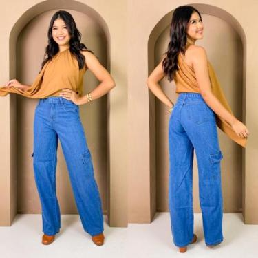 Imagem de Calça Cargo Jeans Blogueirinha Juvenil Com Regulagem Com Bolsos Latera