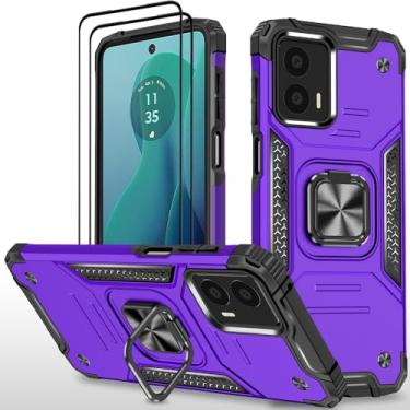Imagem de HONG-AMY Capa para Moto G 5G 2024 com 2 peças de protetor de tela de vidro temperado, grau militar duplo à prova de choque com suporte - roxo