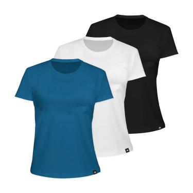 Imagem de Kit com 3 Camiseta Algodão Sportswear Muvin - Feminino - Mais Conforto - Academia – Camiseta Manga Curta - Treino Funcional - Corrida – Ginástica (BR, Alfa, M, Regular, Preto/Branco/Azul Denim)
