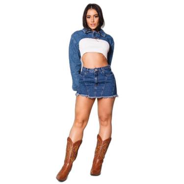 Imagem de MINI SAIA JEANS COM RECORTES FRONTAIS E BARRA DESFIADA 21967-Feminino
