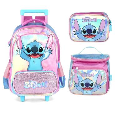 Imagem de Kit Mochila Rodas Bolsa Escolar Lancheira Estojo Lilo Stitch-Feminino