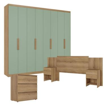 Imagem de Guarda Roupa Casal Milan 8 Portas Capuccino Menta Com Cômoda Gaveteiro Condessa E Cabeceira Formosa Capuccino- Thb