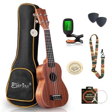 Imagem de Everjoys Kit de iniciante de ukulele soprano de mogno – Profissional 53 cm com afinador de alça Aquila Strings Pick Free Online Lesson (Mogno natural)