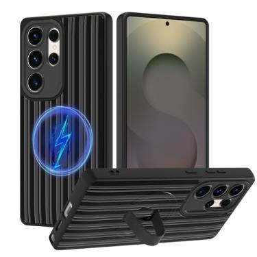 Imagem de tharlet Capa compatível com Samsung Galaxy S25 Ultra com alça de dedo, compatível com MagSafe, linda estampa listrada para mulheres e meninas, capa protetora antiarranhões para Galaxy S25 Ultra, preta