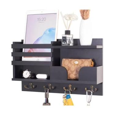 Imagem de KEG801302 Cabide para casaco e chapéu, suporte de parede, gancho de parede de madeira, porta-chaves, com 4 ganchos duplos, montado na parede com prateleira, feito à mão para pendurar casaco, jaqueta